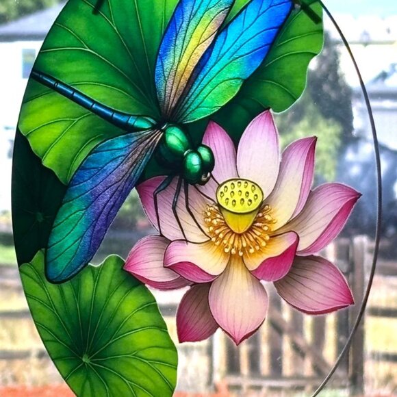 Vibrant Dragonfly on Pink Water Lotus Acrylic Window Hanging Sun Catcher New - Picture 3 of 3